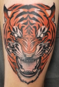 老虎头纹身图案 男生小腿上彩色的老虎纹身图片
