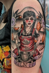 女孩人物纹身图案  女生大臂上彩绘的女孩人物纹身图片