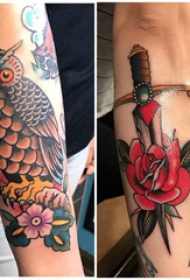 纹身小臂花纹  女生小臂上猫头鹰和玫瑰纹身图片