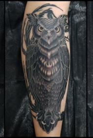 猫头鹰纹身图 女生小腿上黑色的猫头鹰纹身图片