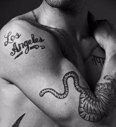 点击大图看下一张：国际纹身明星 Adam Levine 手臂上老虎和英文纹身图片