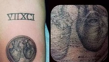 点击大图看下一张：美国纹身明星  Miley Cyrus手臂上黑灰色的心脏纹身图片