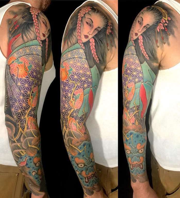 点击大图看下一张：日本艺妓纹身花臂 男生手臂上彩色的艺妓纹身图片