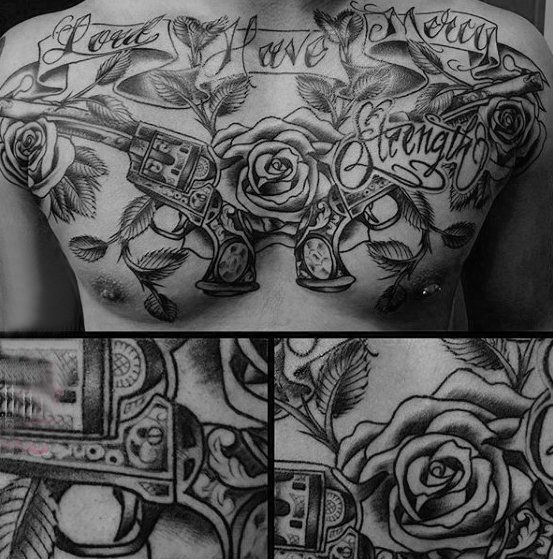 点击大图看下一张：枪炮玫瑰纹身  激情与魅力结合的枪炮玫瑰纹身图案
