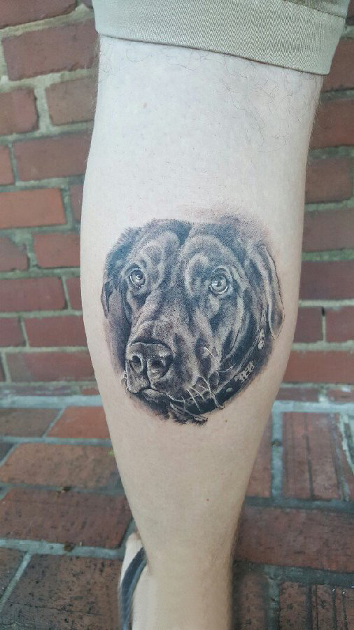 点击大图看下一张：欧美小腿纹身 男生小腿上黑色的小狗纹身图片