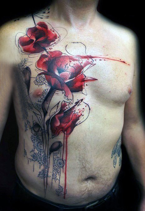 点击大图看下一张：玫瑰纹身图 男生胸部彩色的玫瑰纹身图片