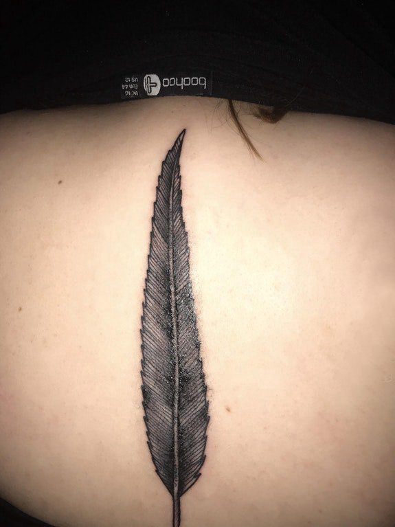 点击大图看下一张：纹身后背图案女 女生后背上黑色的羽毛纹身图片