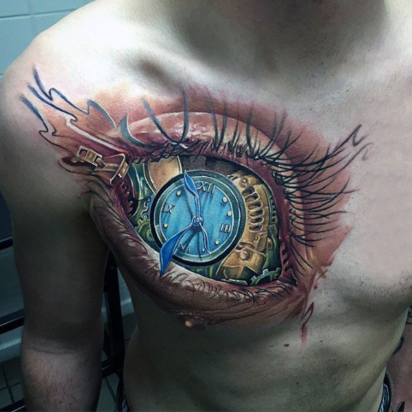 点击大图看下一张：纹身胸部男 男生胸部彩色的机械眼睛纹身图片