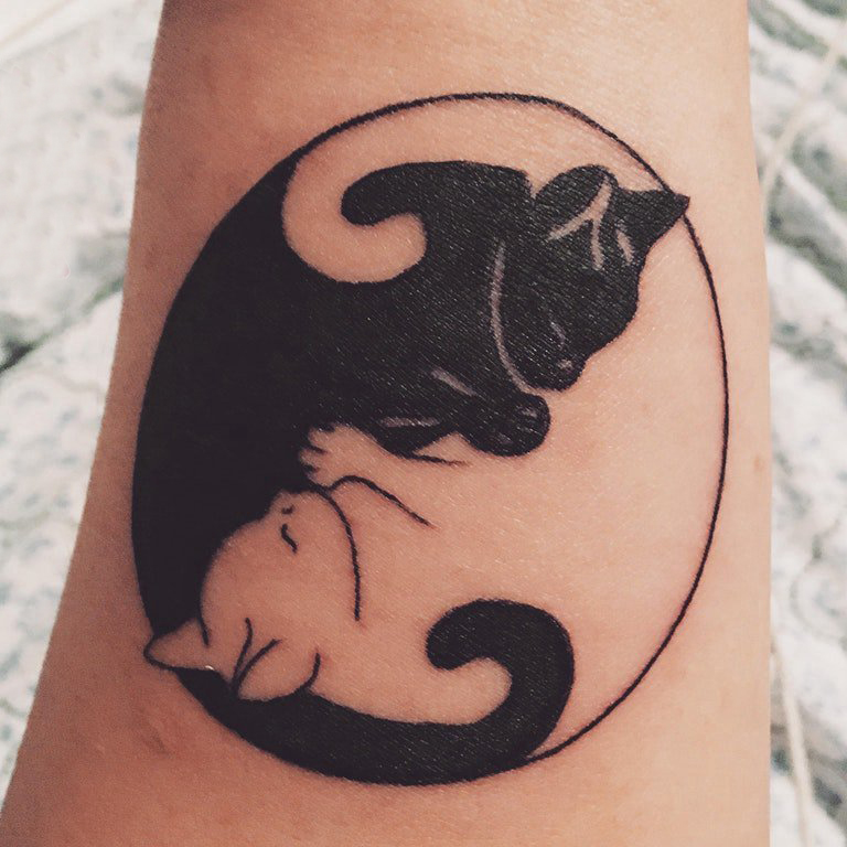 点击大图看下一张：小清新猫咪纹身 女生手臂上阴阳状的猫咪纹身图片