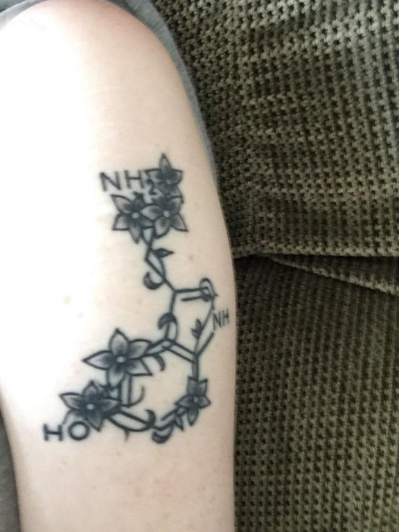 点击大图看下一张：化学元素纹身  女生手臂上花朵和化学元素纹身图片