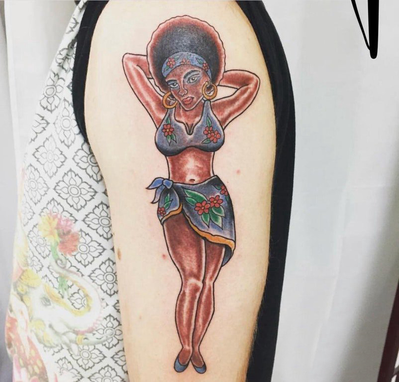 点击大图看下一张：美女人物纹身图案  男生手臂上彩绘的美女人物纹身图片
