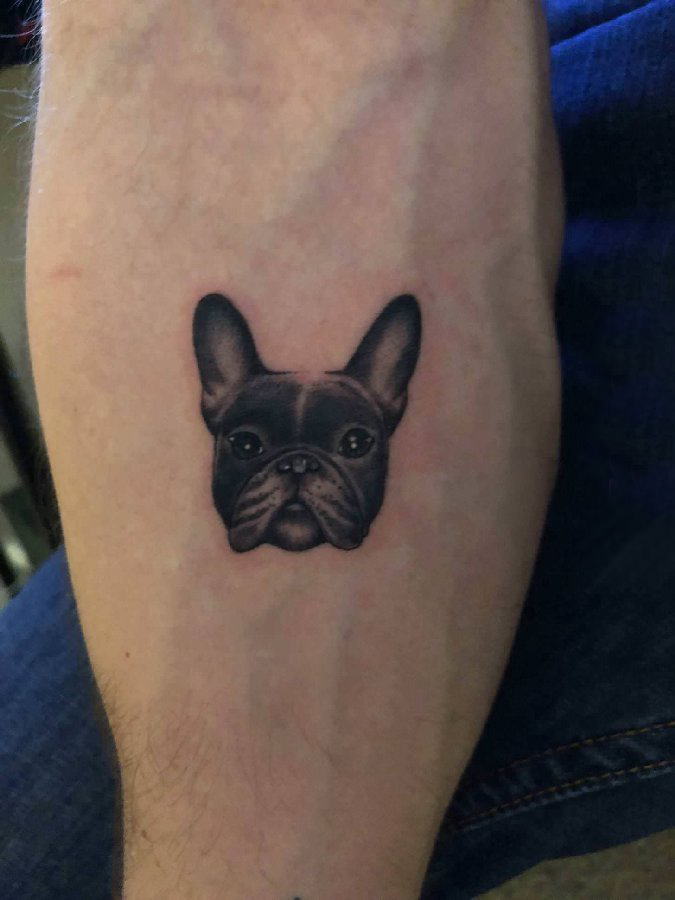 点击大图看下一张：小狗纹身图片 男生手臂上黑色的小狗纹身图片