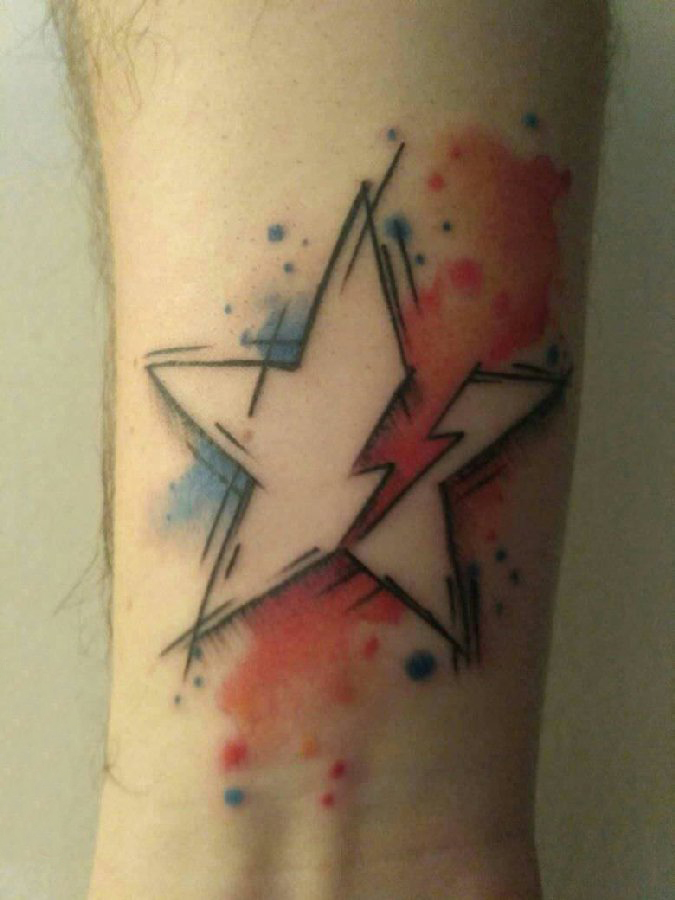 点击大图看下一张：大五角星纹身 男生手臂上彩色的五角星纹身图片