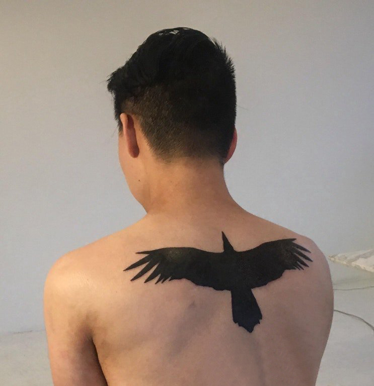 点击大图看下一张：动物纹身轮廓 男生后背上黑色的老鹰纹身图片
