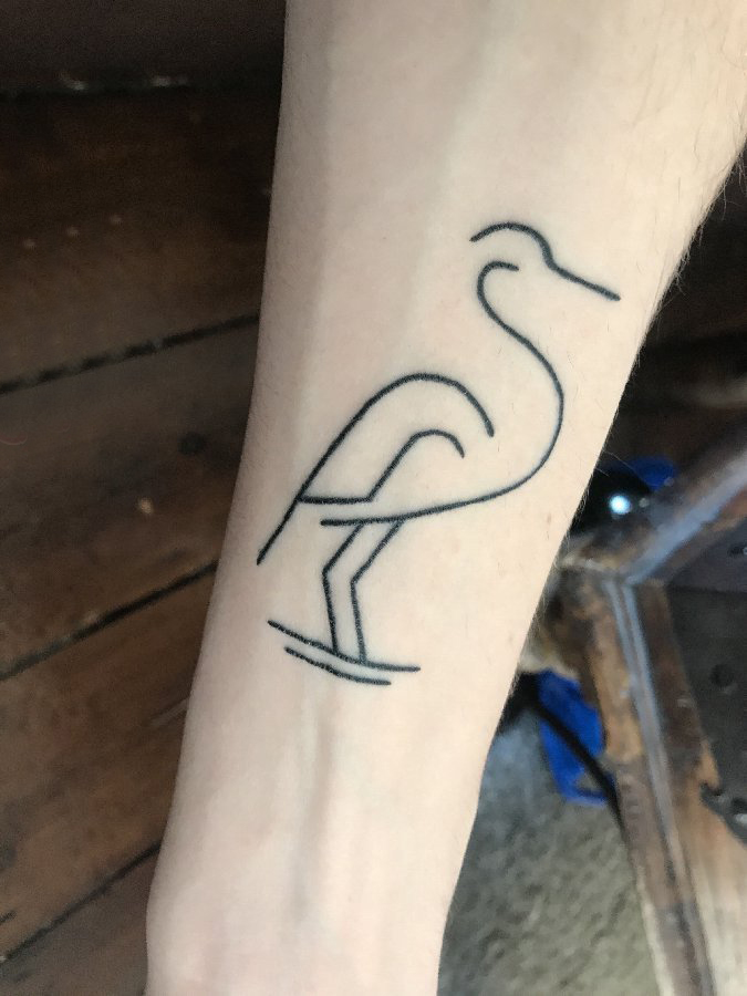 点击大图看下一张：极简线条纹身 男生手臂上黑色的鹤纹身图片