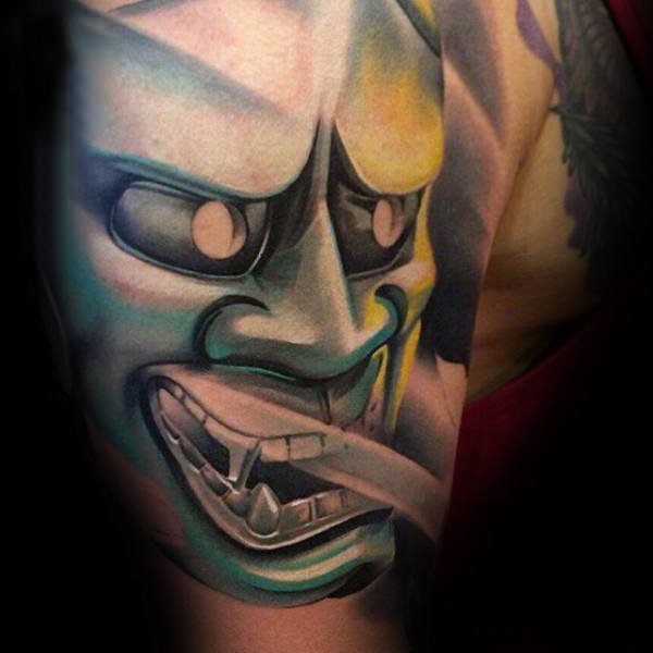 点击大图看下一张：日本鬼面具纹身  恐怖骇人的日本鬼面具纹身图案