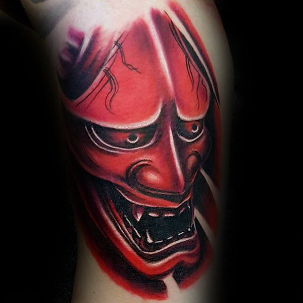点击大图看下一张：日本鬼面具纹身  恐怖骇人的日本鬼面具纹身图案