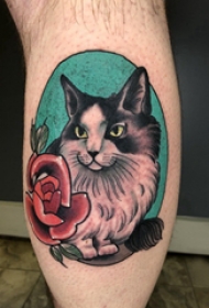 小动物纹身 男生小腿上玫瑰和猫咪纹身图片