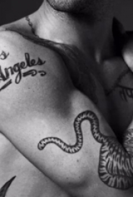 国际纹身明星 Adam Levine 手臂上老虎和英文纹身图片