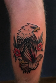 欧美小腿纹身 男生小腿上花朵和老鹰纹身图片