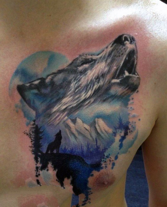 点击大图看下一张：狼头纹身图片   多款水彩晕染的狼头纹身图案