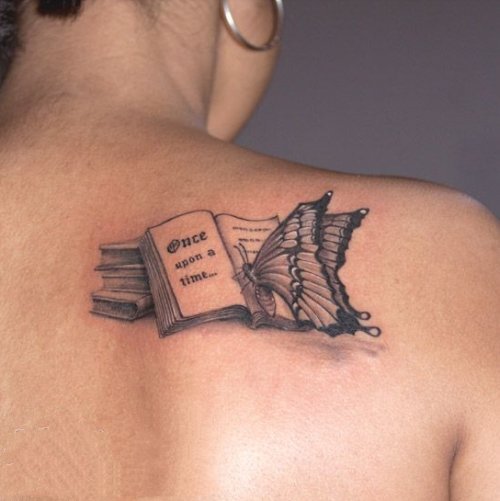 点击大图看下一张：纹身书籍  黑灰与几何交汇的书籍纹身图片