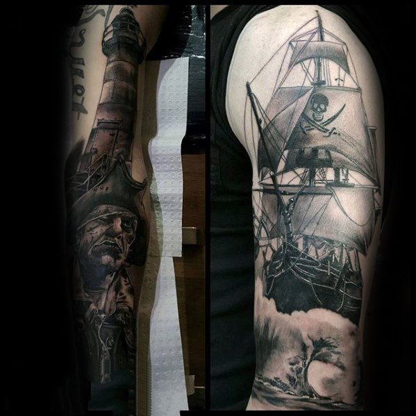 点击大图看下一张：海盗纹身图案  黑灰色调的海盗纹身图案