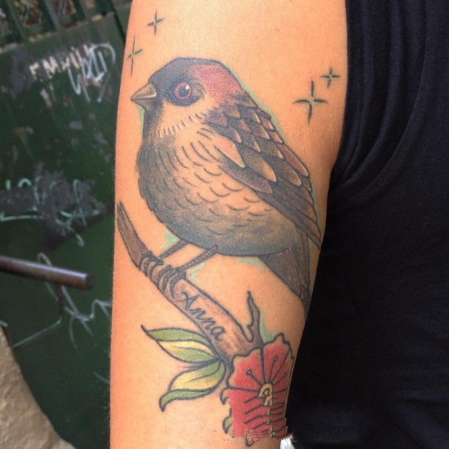 点击大图看下一张：纹身鸟  小巧灵动的麻雀纹身图案
