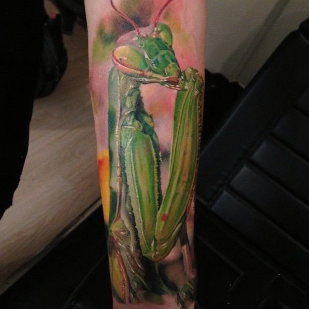 点击大图看下一张：螳螂纹身图案  形态百变的螳螂纹身图案