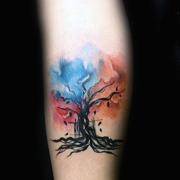 点击大图看下一张：树枝纹身  生意盎然的水彩树枝纹身图案
