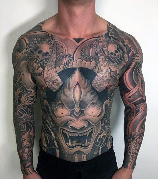 点击大图看下一张：日本鬼面具纹身  面容恐怖的日本鬼面具纹身图案