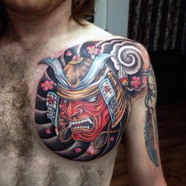 点击大图看下一张：日本武士面具纹身  面容凶狠的日本武士纹身图案