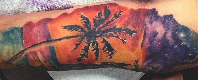 点击大图看下一张：棕榈树纹身图案  绿树成荫的棕榈树纹身图案