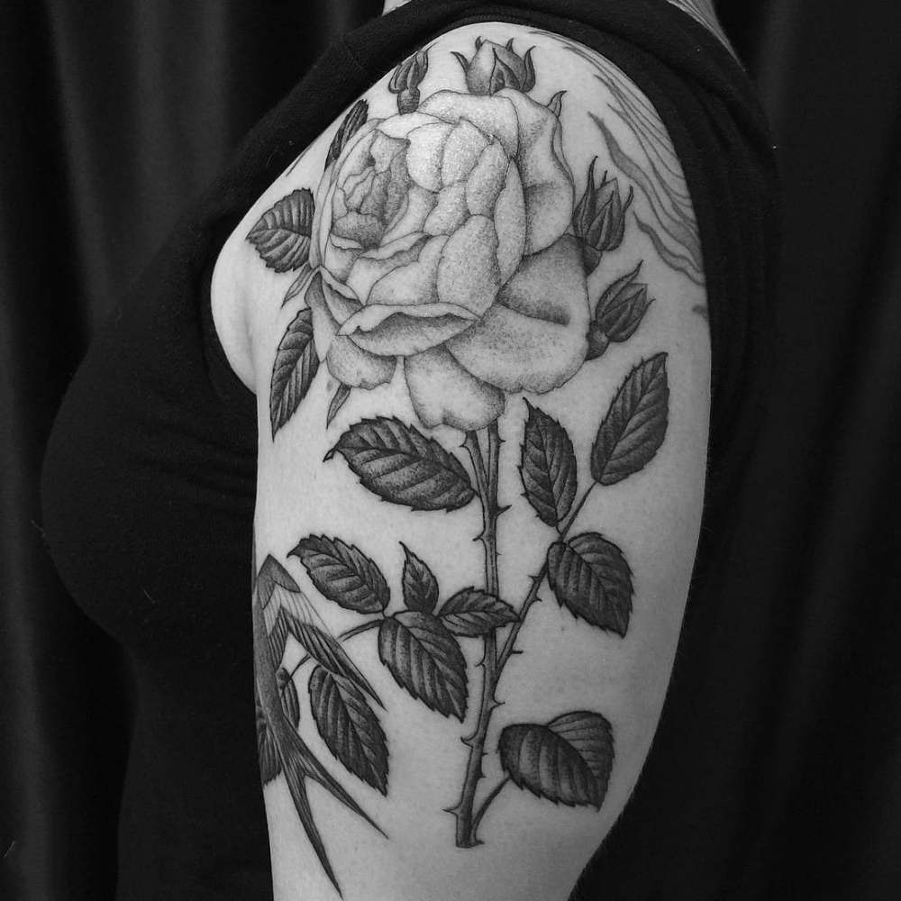 点击大图看下一张：玫瑰纹身图    肆意绽放的玫瑰花纹身图案