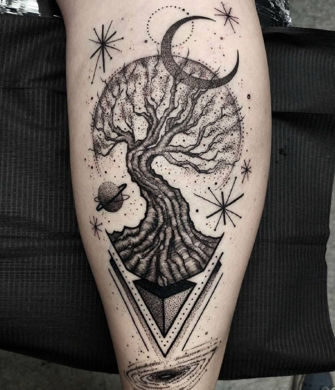 点击大图看下一张：一组腿部优秀的黑灰点刺纹身作品欣赏