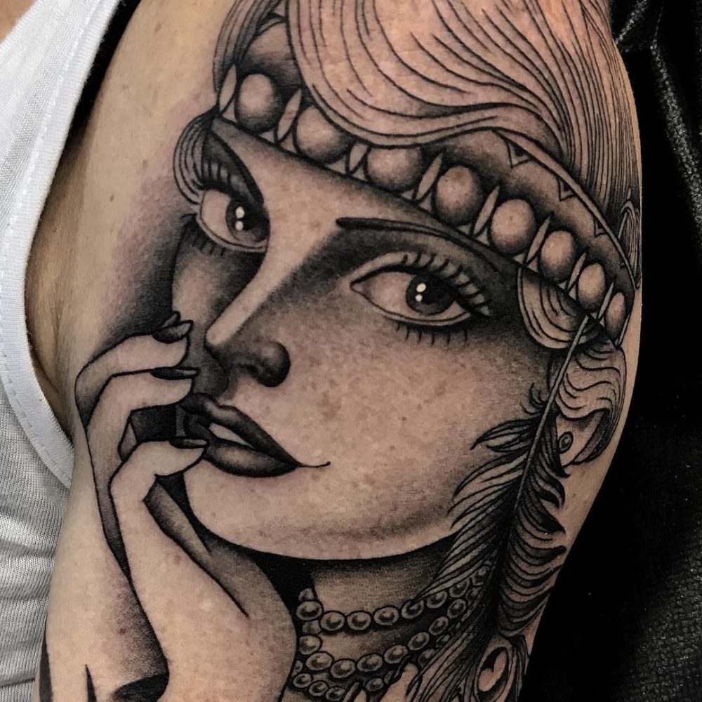 点击大图看下一张：女人头纹身图案   多款艺术纹身彩绘风格和黑白灰风格的女人头纹身图案