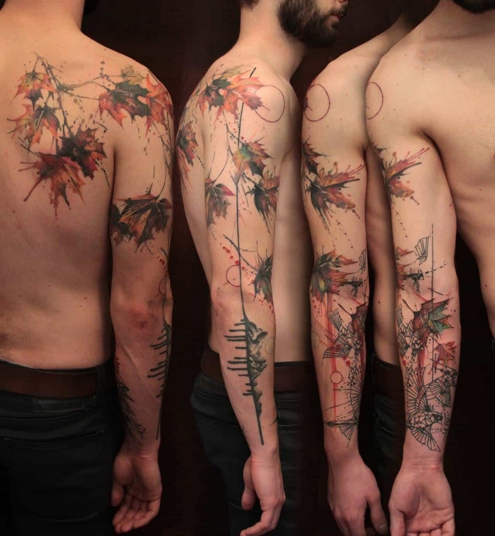 点击大图看下一张：彩色花臂纹身图案 水彩泼墨纹身中国风彩色花臂纹身图案大全