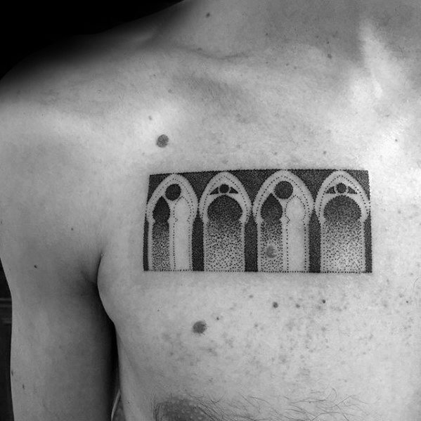 点击大图看下一张：黑灰点刺几何_11张男性胸部黑灰色的几何拼接点刺纹身图案图片作品