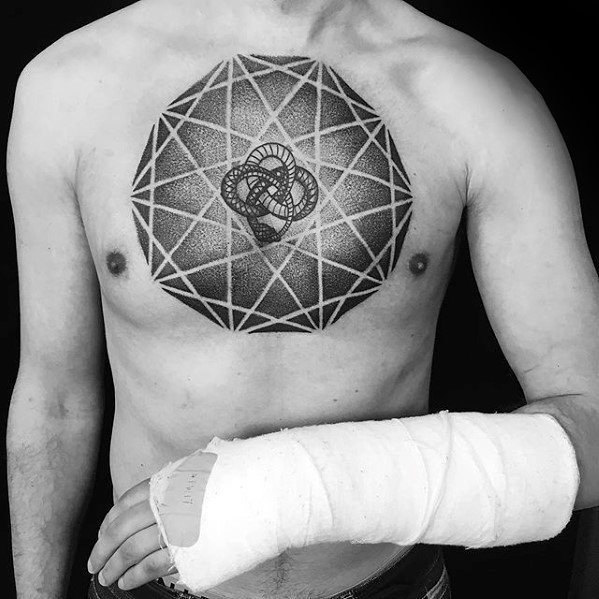 点击大图看下一张：黑灰点刺几何_11张男性胸部黑灰色的几何拼接点刺纹身图案图片作品