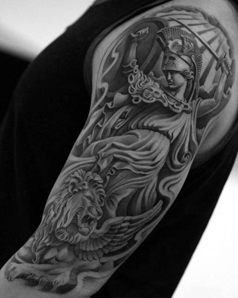 点击大图看下一张：女神雅典娜纹身_11张西方欧美女神雅典娜黑灰纹身图案作品图片
