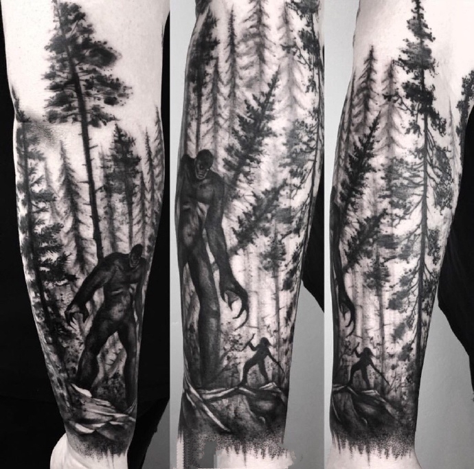 点击大图看下一张：森林树木纹身图案_一组手臂上黑灰树木森林纹身图案作品