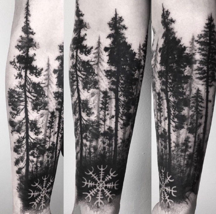 点击大图看下一张：森林树木纹身图案_一组手臂上黑灰树木森林纹身图案作品