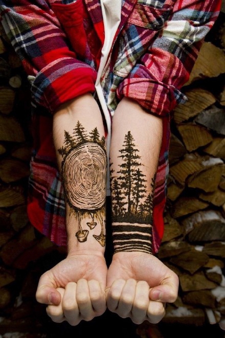 点击大图看下一张：森林树木纹身图案_一组手臂上黑灰树木森林纹身图案作品