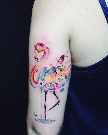点击大图看下一张：火烈鸟纹身图_14张粉红色的火烈鸟纹身图案作品图片