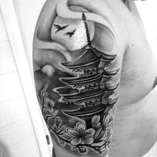 点击大图看下一张：手臂纹身-宏伟壮丽的素描手臂塔纹身图案