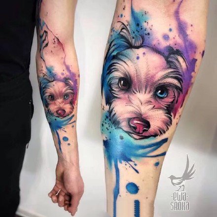点击大图看下一张：潮流纹身-色彩可爱的小猫小狗手臂纹身图片