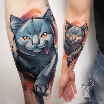 点击大图看下一张：潮流纹身-色彩可爱的小猫小狗手臂纹身图片