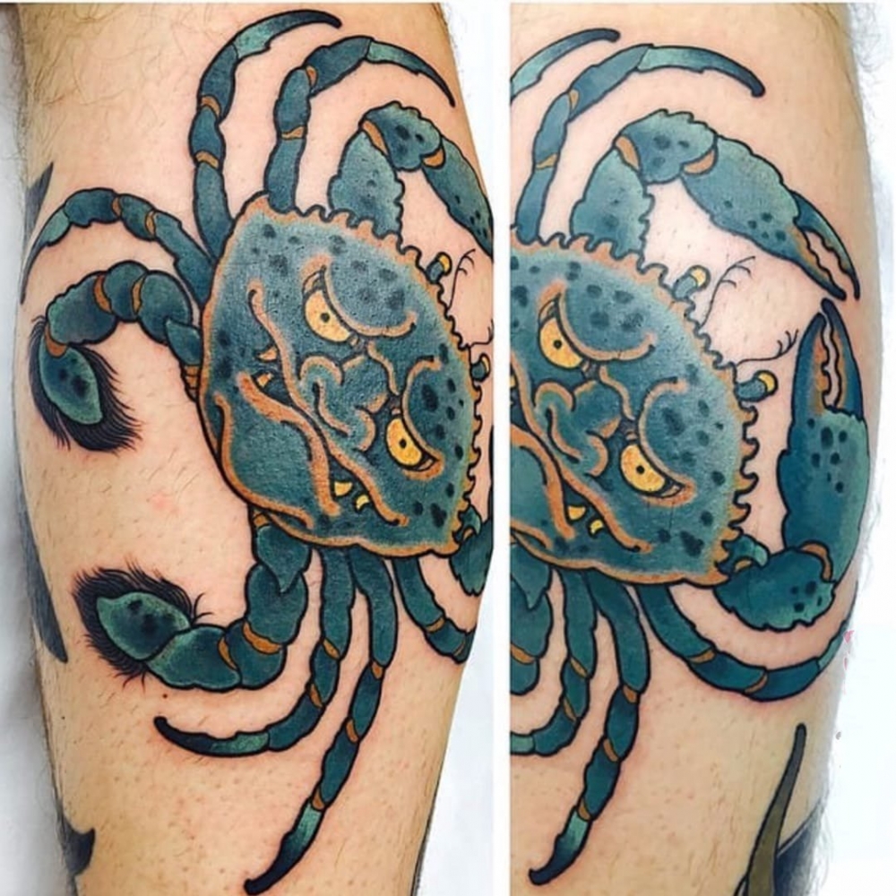 点击大图看下一张：螃蟹纹身图案-9款彩绘创意武士螃蟹纹身图案