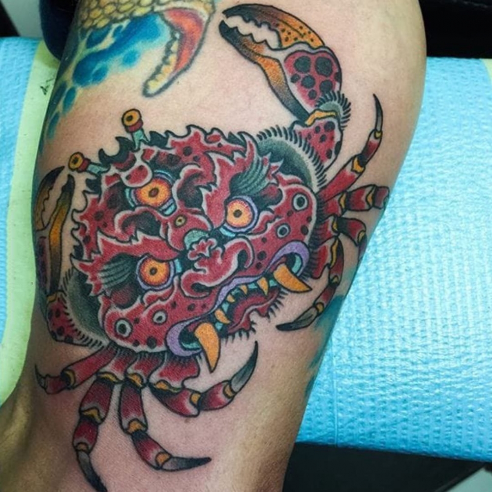 点击大图看下一张：螃蟹纹身图案-9款彩绘创意武士螃蟹纹身图案