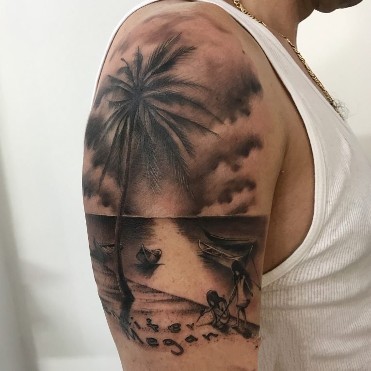 点击大图看下一张：椰子树纹身图案-14张夏日气息十足的文艺精美椰子树纹身图案